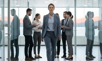 Entschlossene Führungskraft im modernen Büroflur – Sinnbild für OPTRA Interim Management und temporäre Führungsverantwortung in Transformationsphasen.