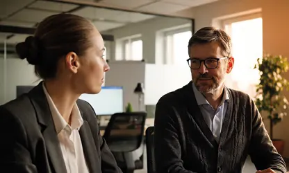 Zwei erfahrene Führungskräfte im Gespräch in einem modernen Büro – Symbol für partnerschaftliche Transformation und strategische Unternehmensentwicklung mit OPTRA.